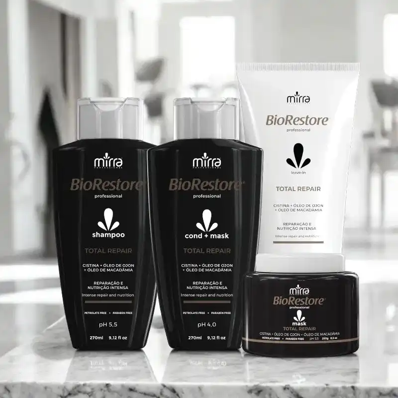 BioRestore hair care products for total repair, including shampoo, conditioner, and mask.